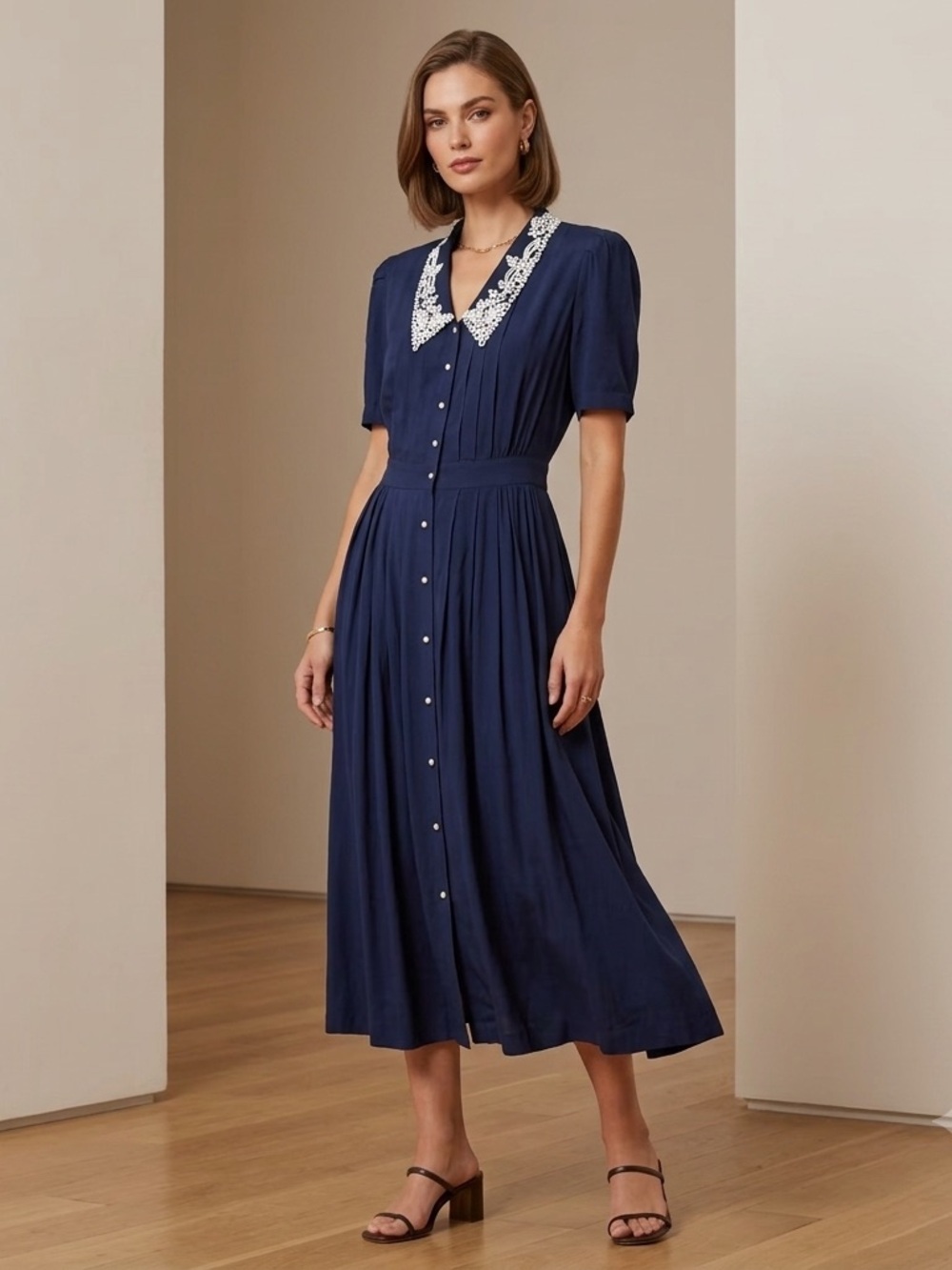 Vintage Karin Stevens Blue Collared Midi Dress 90s Teacher Victorian Women US 10